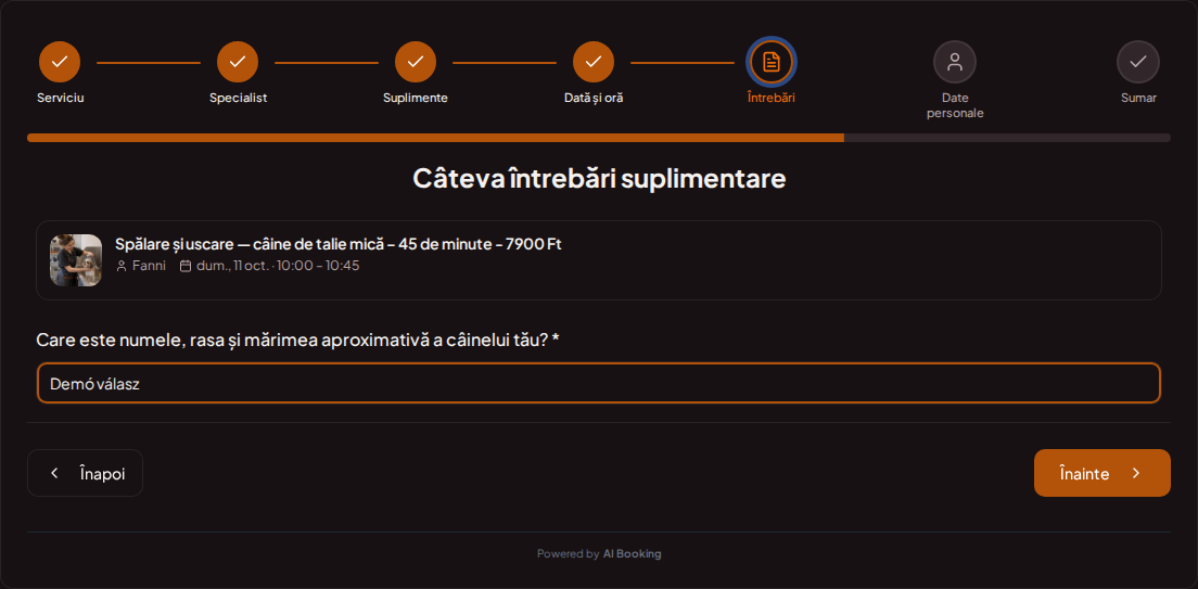 Sistem de programări pentru groomeri – Întrebare de rezervare prealabilă pentru grooming canin: Care este numele, rasa și dimensiunea aproximativă a câinelui tău? Sistem de programări pentru groomeri – Întrebare de rezervare prealabilă pentru grooming canin: Care este numele, rasa și dimensiunea aproximativă a câinelui tău?