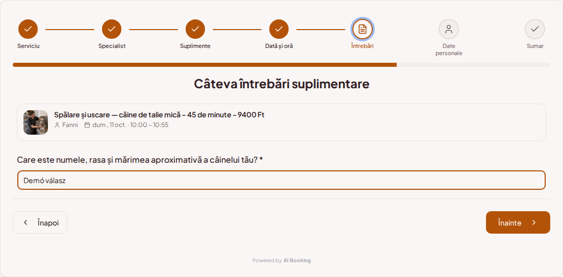 Sistem de programări pentru groomeri – Întrebare de rezervare prealabilă pentru grooming canin: Care este numele, rasa și dimensiunea aproximativă a câinelui tău? Sistem de programări pentru groomeri – Întrebare de rezervare prealabilă pentru grooming canin: Care este numele, rasa și dimensiunea aproximativă a câinelui tău?