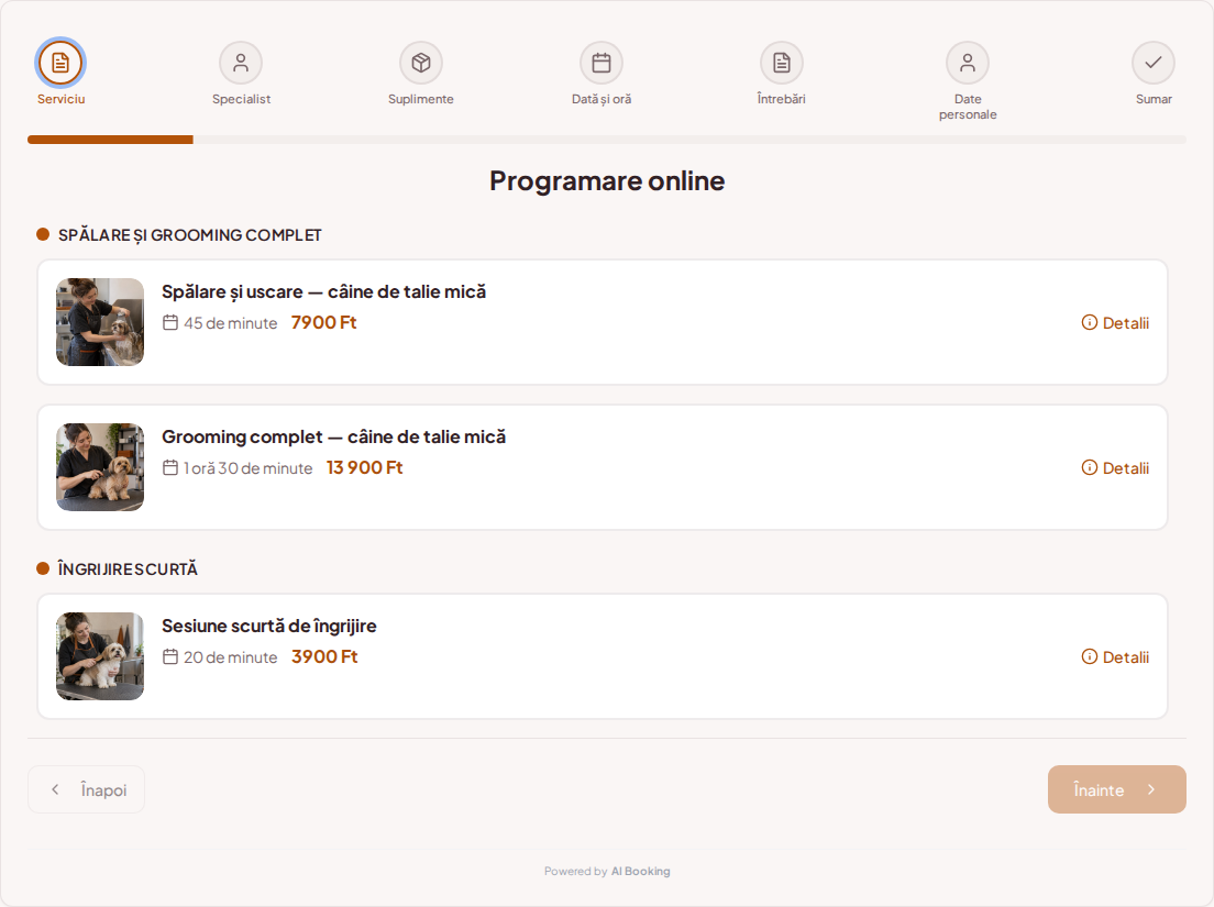 Sistem de programări pentru groomeri – Spălare și uscare — câine de talie mică, Grooming complet — câine de talie mică, Sesiune scurtă de îngrijire cu prețuri, durate și categorii Sistem de programări pentru groomeri – Spălare și uscare — câine de talie mică, Grooming complet — câine de talie mică, Sesiune scurtă de îngrijire cu prețuri, durate și categorii