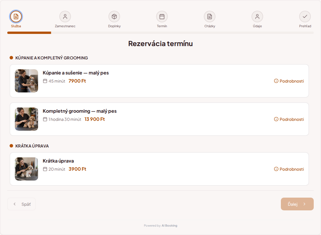 Systém rezervácií pre psie salóny – Kúpanie a sušenie — malý pes, Kompletný grooming — malý pes, Krátka úprava s cenami, dĺžkou a kategóriami