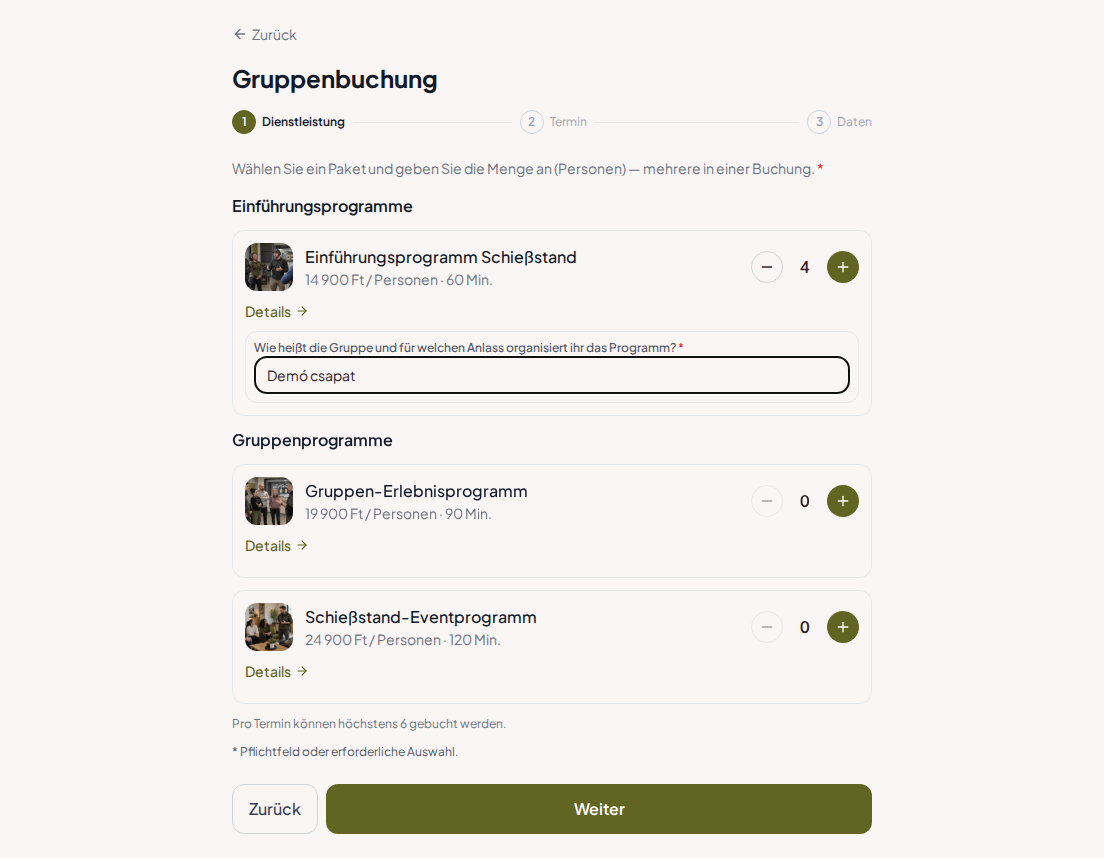 Terminbuchungssystem für Schießstände – Vorab-Buchungsfrage für Schießstand-Gruppenprogramm: Wie heißt die Gruppe und für welchen Anlass organisiert ihr das Programm? Terminbuchungssystem für Schießstände – Vorab-Buchungsfrage für Schießstand-Gruppenprogramm: Wie heißt die Gruppe und für welchen Anlass organisiert ihr das Programm?
