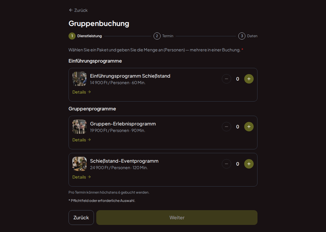 Terminbuchungssystem für Schießstände – Kennenlern-Programm Schießstand, Gruppen-Erlebnisprogramm, Schießstand-Eventprogramm mit Preisen, Dauer und Kategorien Terminbuchungssystem für Schießstände – Kennenlern-Programm Schießstand, Gruppen-Erlebnisprogramm, Schießstand-Eventprogramm mit Preisen, Dauer und Kategorien