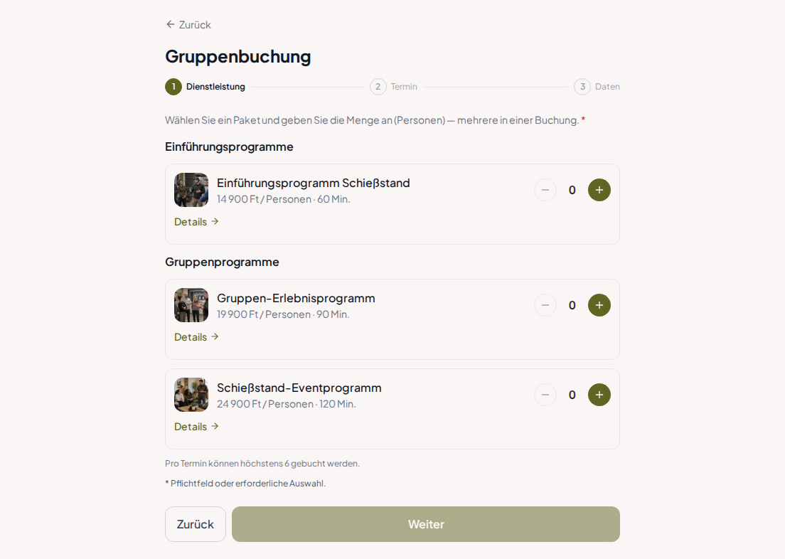 Terminbuchungssystem für Schießstände – Kennenlern-Programm Schießstand, Gruppen-Erlebnisprogramm, Schießstand-Eventprogramm mit Preisen, Dauer und Kategorien Terminbuchungssystem für Schießstände – Kennenlern-Programm Schießstand, Gruppen-Erlebnisprogramm, Schießstand-Eventprogramm mit Preisen, Dauer und Kategorien