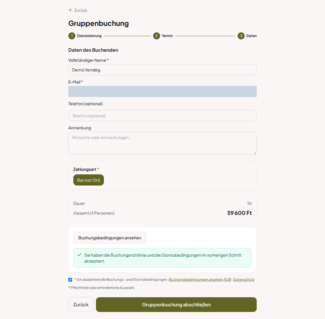 Terminbuchungssystem für Schießstände – Gruppenzusammenfassung für Schießstand-Programm mit Programm, Personenzahl und Gesamtpreis Terminbuchungssystem für Schießstände – Gruppenzusammenfassung für Schießstand-Programm mit Programm, Personenzahl und Gesamtpreis