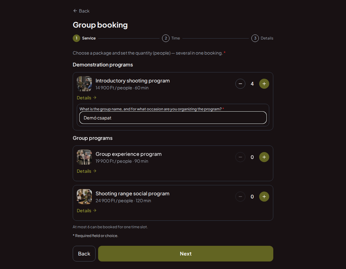 Appointment booking system for shooting ranges – Shooting range group program pre-booking question: What is the group name, and for what occasion are you organizing the program?