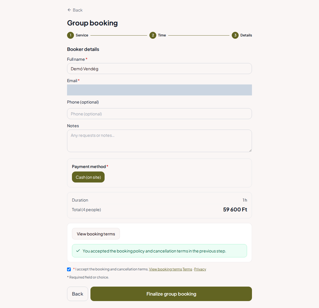 Appointment booking system for shooting ranges – Shooting range group summary with program, size, and total fee
