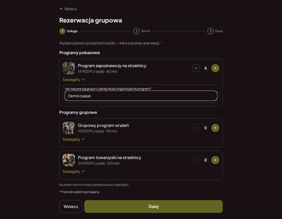 System rezerwacji dla strzelnic – Pytanie wstępne do rezerwacji grupowej na strzelnicy: Jak nazywa się grupa i z jakiej okazji organizujecie program?