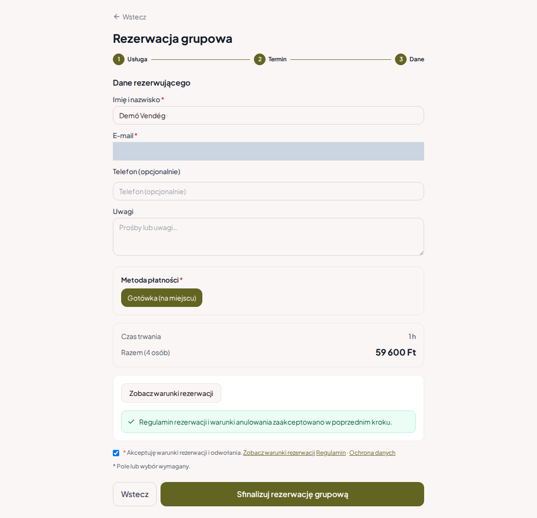 System rezerwacji dla strzelnic – Grupowe podsumowanie programu strzelnicy z programem, liczbą osób i całkowitą opłatą