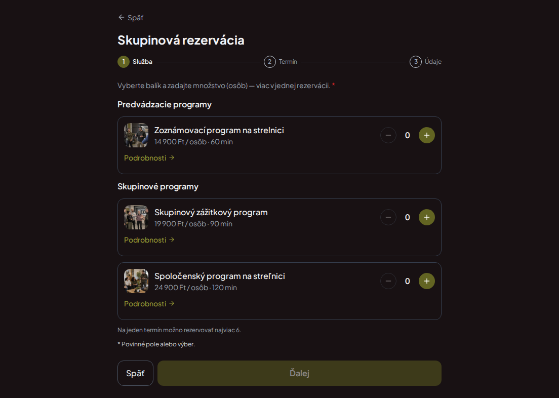 Systém rezervácií pre strelnice – Zoznamovací program streľnice, Skupinový zážitkový program, Spoločenský program streľnice s cenami, dĺžkou a kategóriami