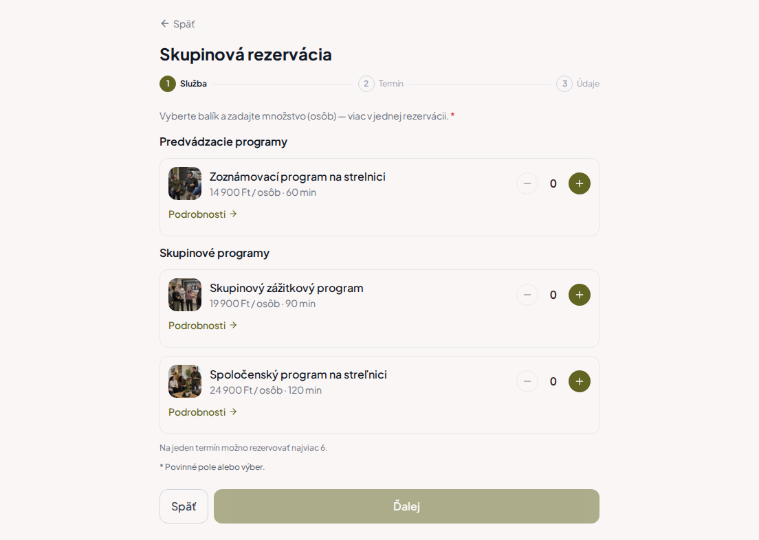 Systém rezervácií pre strelnice – Zoznamovací program streľnice, Skupinový zážitkový program, Spoločenský program streľnice s cenami, dĺžkou a kategóriami