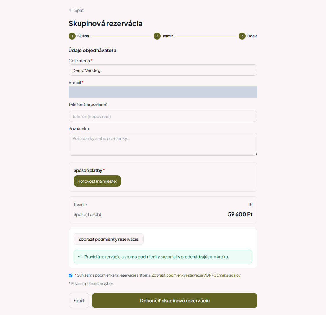 Systém rezervácií pre strelnice – Skupinové zhrnutie programu streľnice s programom, počtom osôb a celkovou cenou