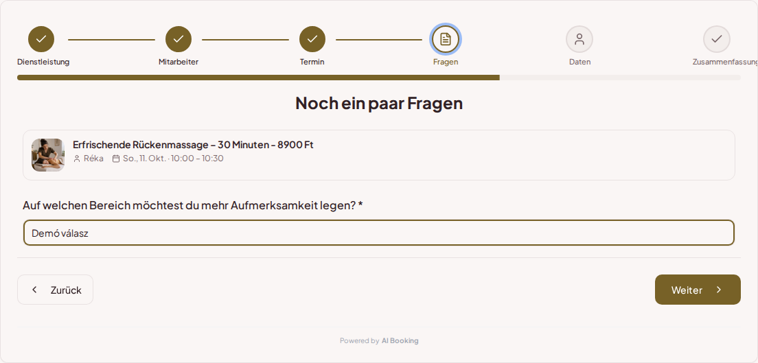 Terminbuchungssystem für Masseure – Vorabfrage zur Massage: Welchen Bereich möchtest du besonders behandeln lassen?