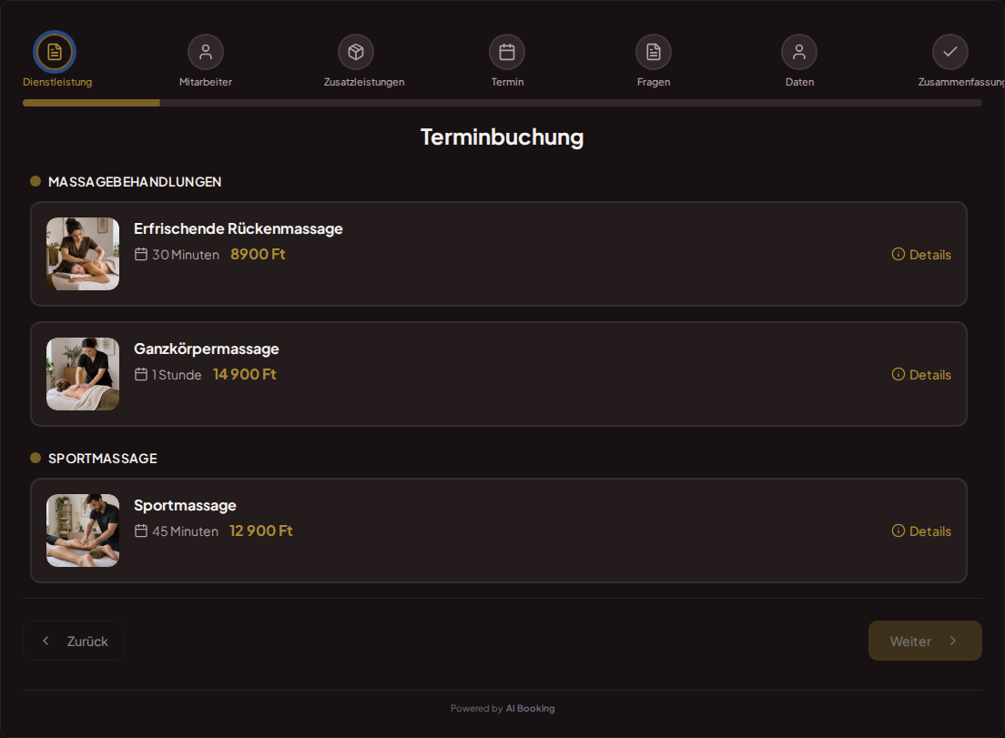 Terminbuchungssystem für Masseure – Erfrischende Rückenmassage, Ganzkörpermassage, Sportmassage mit Preisen, Dauer und Kategorien