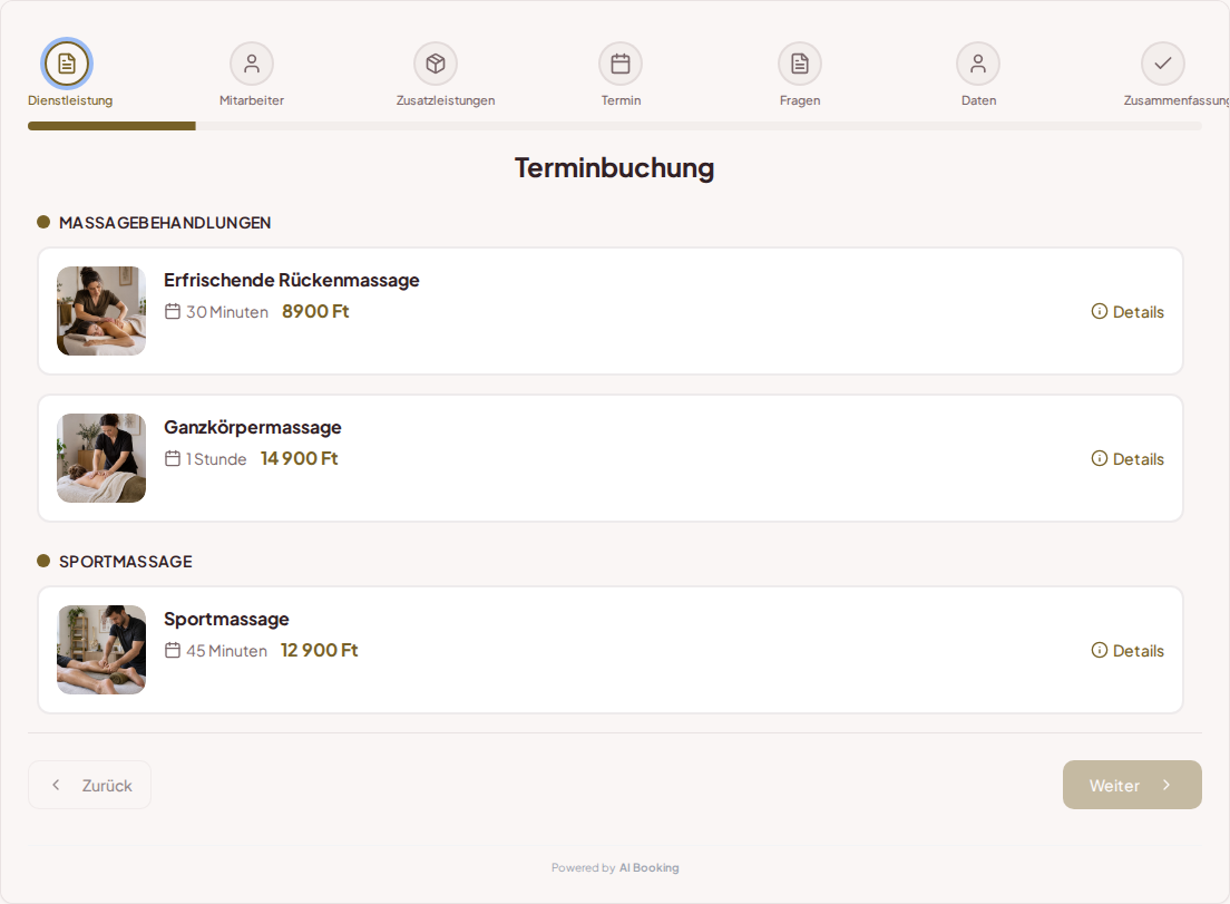 Terminbuchungssystem für Masseure – Erfrischende Rückenmassage, Ganzkörpermassage, Sportmassage mit Preisen, Dauer und Kategorien
