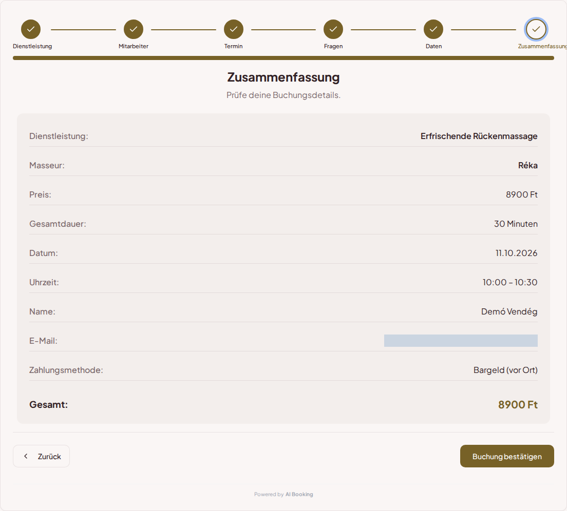 Terminbuchungssystem für Masseure – Zusammenfassung der Massagebuchung mit Service, Fachkraft, Termin und Preis