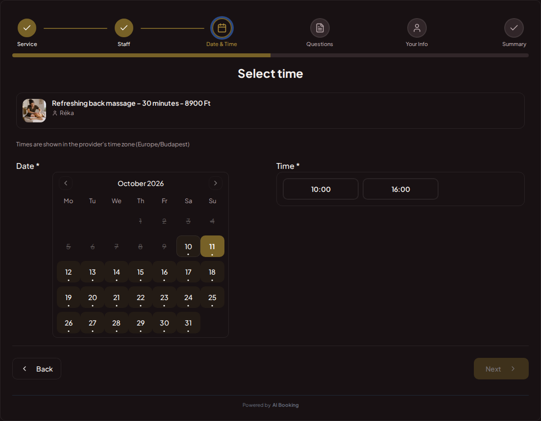 Appointment booking system for massage therapists – Massage booking calendar with available slots for the chosen service Appointment booking system for massage therapists – Massage booking calendar with available slots for the chosen service