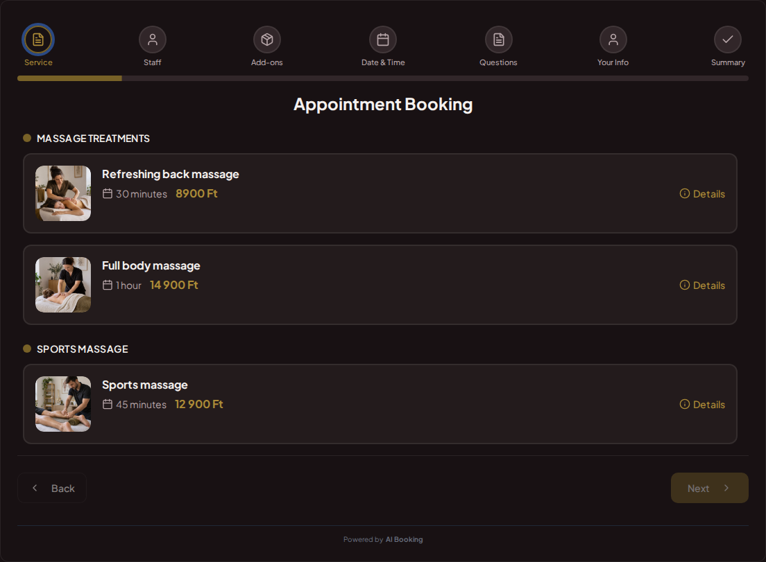 Appointment booking system for massage therapists – Refreshing back massage, Full body massage, Sports massage with prices, durations, and categories Appointment booking system for massage therapists – Refreshing back massage, Full body massage, Sports massage with prices, durations, and categories