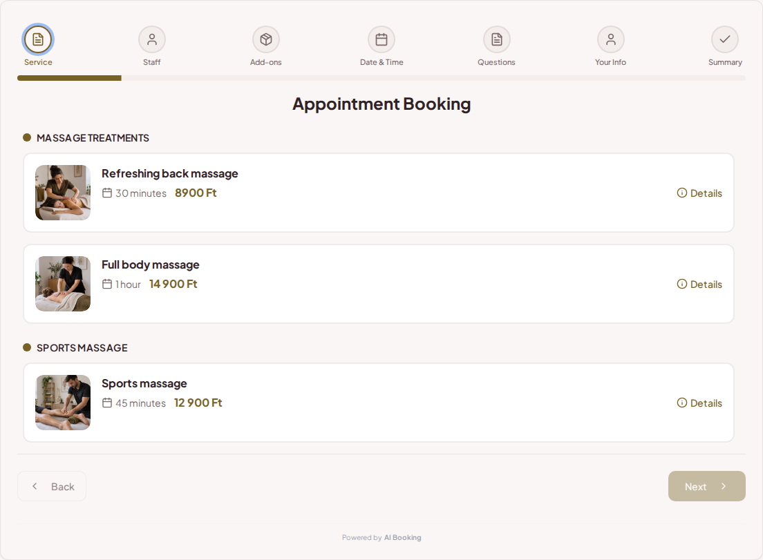 Appointment booking system for massage therapists – Refreshing back massage, Full body massage, Sports massage with prices, durations, and categories Appointment booking system for massage therapists – Refreshing back massage, Full body massage, Sports massage with prices, durations, and categories