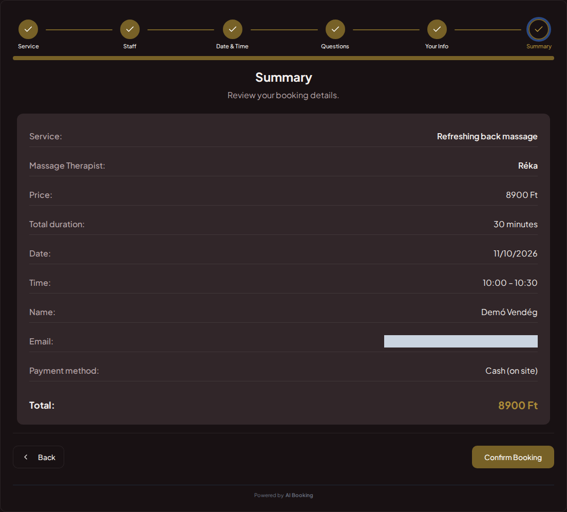 Appointment booking system for massage therapists – Massage booking summary with service, professional, date, and fee Appointment booking system for massage therapists – Massage booking summary with service, professional, date, and fee