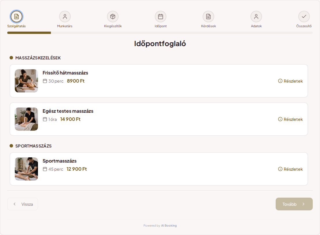 Időpontfoglaló rendszer masszőröknek – Frissítő hátmasszázs, Egész testes masszázs, Sportmasszázs árakkal, időtartammal és kategóriákkal