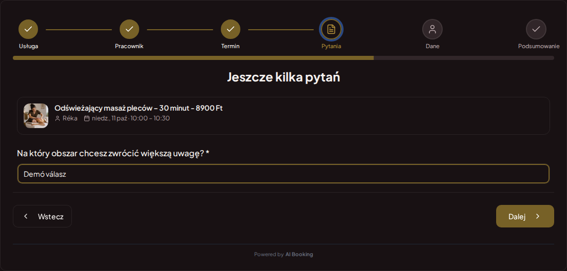 System rezerwacji dla masażystów – Pytanie wstępne przy rezerwacji masażu: Na który obszar chcesz zwrócić większą uwagę? System rezerwacji dla masażystów – Pytanie wstępne przy rezerwacji masażu: Na który obszar chcesz zwrócić większą uwagę?