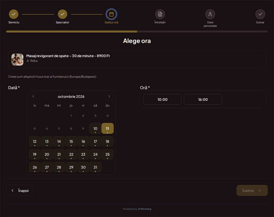 Sistem de programări pentru masori – Calendar de programări pentru masaj cu intervale libere pentru serviciul ales