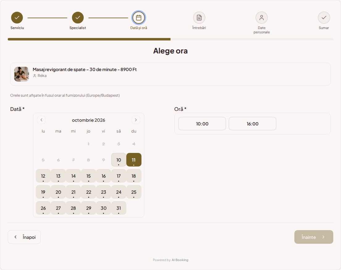 Sistem de programări pentru masori – Calendar de programări pentru masaj cu intervale libere pentru serviciul ales