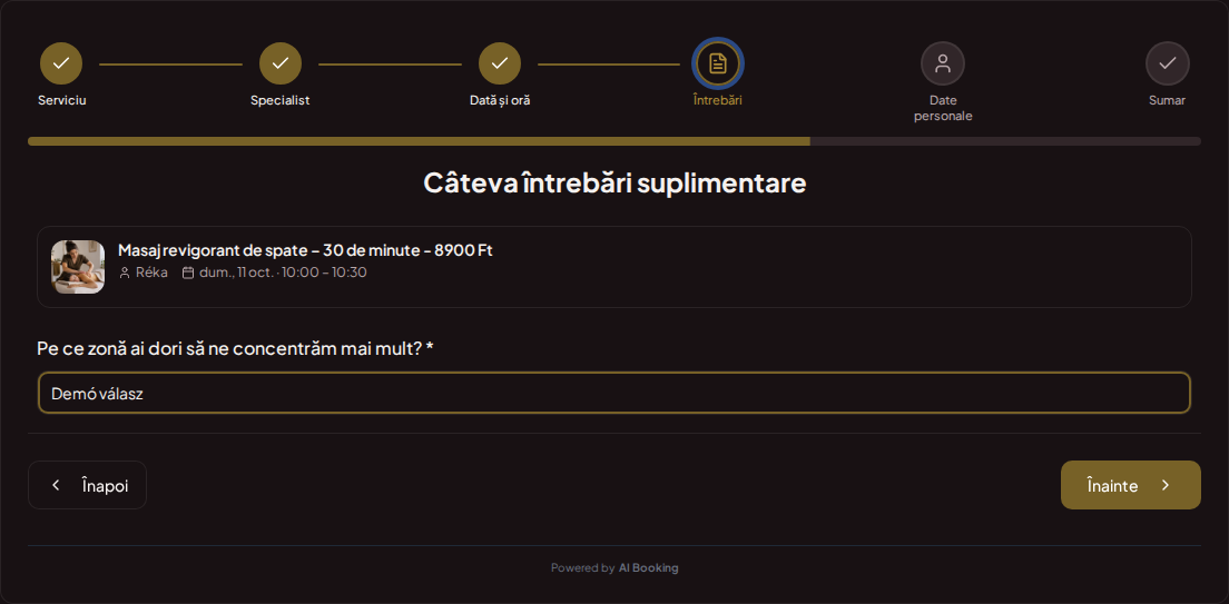 Sistem de programări pentru masori – Întrebare de rezervare prealabilă pentru masaj: Ce zonă dorești să fie tratată cu mai multă atenție?