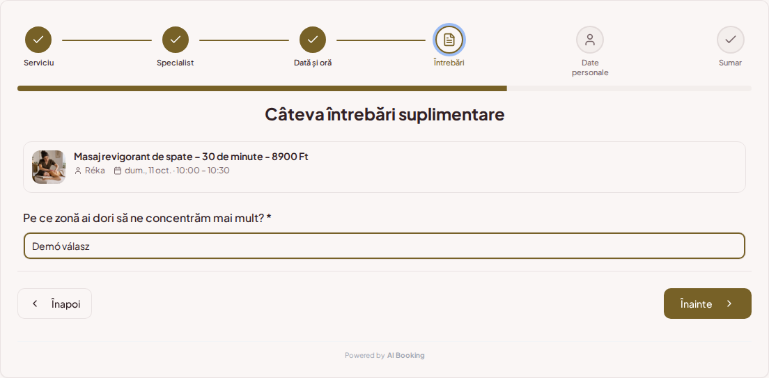 Sistem de programări pentru masori – Întrebare de rezervare prealabilă pentru masaj: Ce zonă dorești să fie tratată cu mai multă atenție?