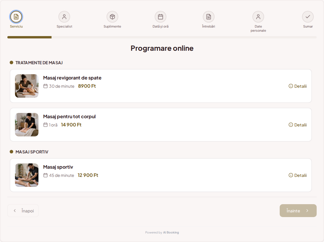 Sistem de programări pentru masori – Masaj revigorant de spate, Masaj pentru tot corpul, Masaj sportiv cu prețuri, durate și categorii