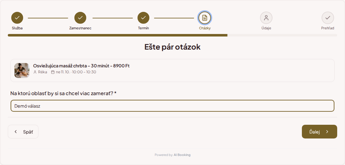 Systém rezervácií pre masérov – Predrezervačná otázka pre masáž: Na ktorú oblasť by si chcel/a klásť väčší dôraz? Systém rezervácií pre masérov – Predrezervačná otázka pre masáž: Na ktorú oblasť by si chcel/a klásť väčší dôraz?