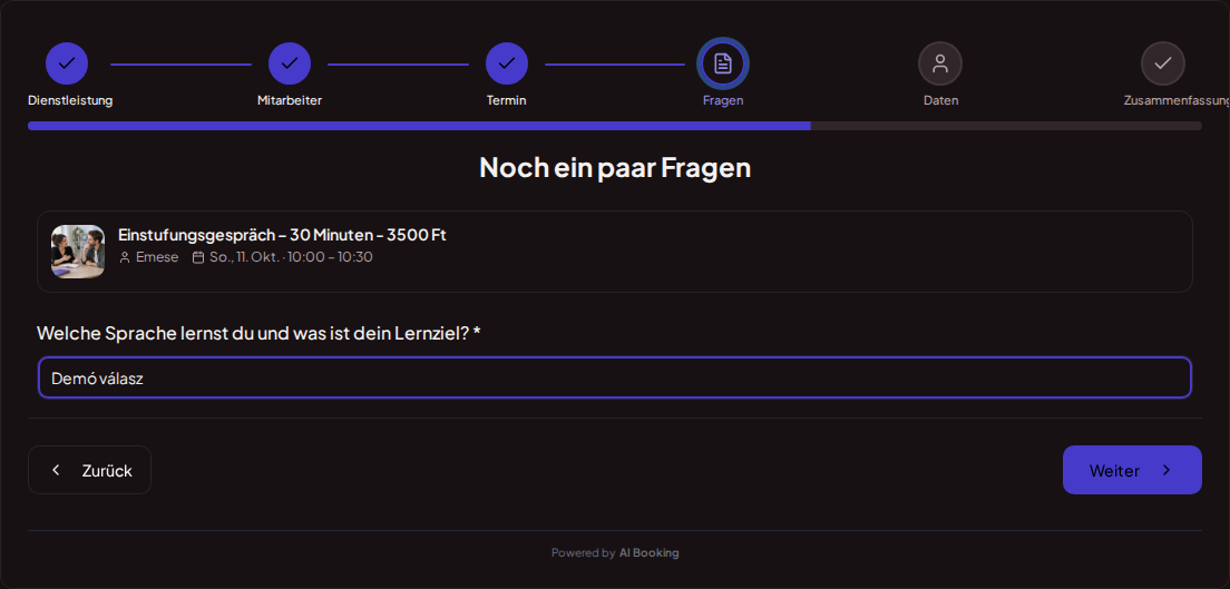 Terminbuchungssystem für Sprachlehrer – Vorabfrage zur Sprachkurs-Buchung: Welche Sprache lernst du und was ist dein Lernziel?