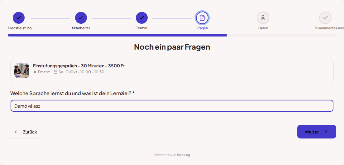 Terminbuchungssystem für Sprachlehrer – Vorabfrage zur Sprachkurs-Buchung: Welche Sprache lernst du und was ist dein Lernziel?