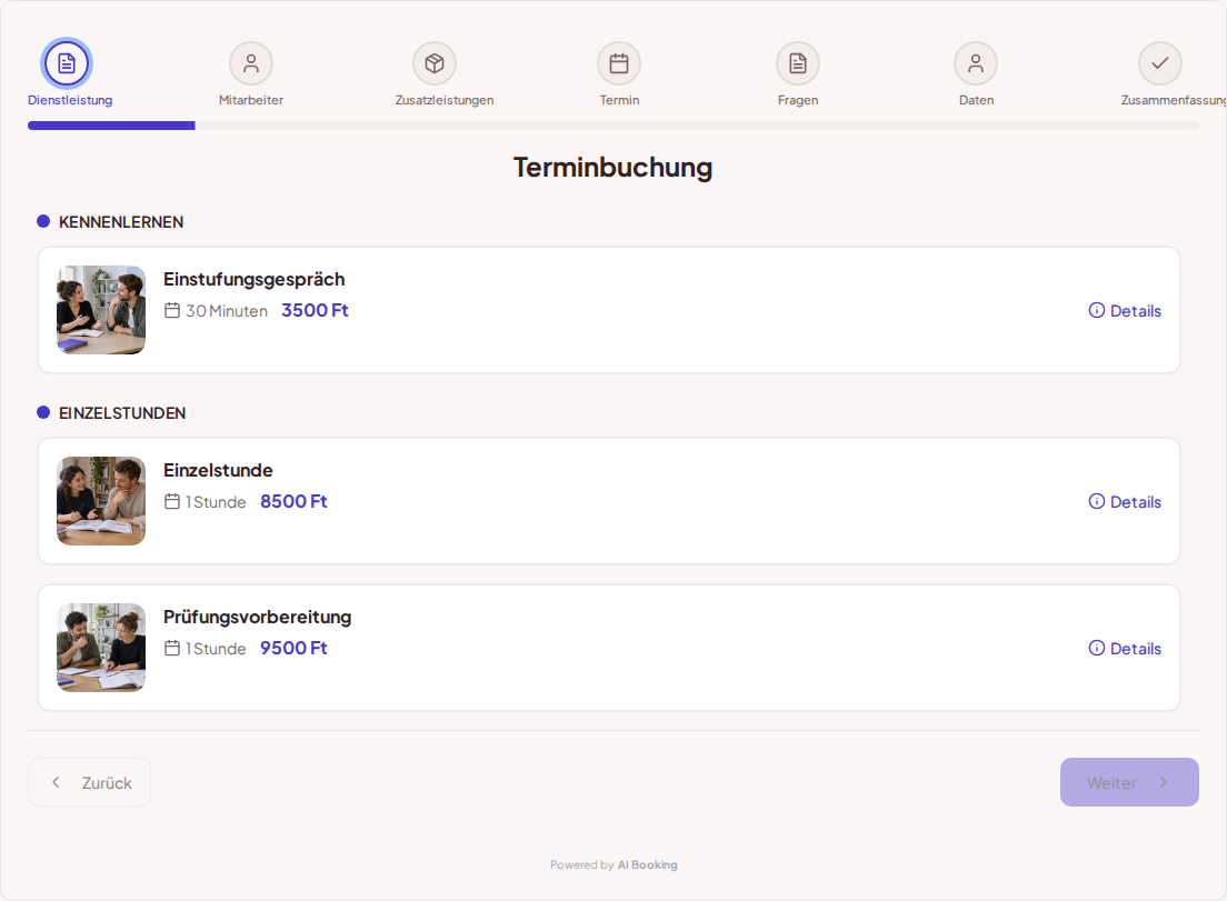 Terminbuchungssystem für Sprachlehrer – Einstufungsgespräch, Einzelstunde, Prüfungsvorbereitung mit Preisen, Dauer und Kategorien