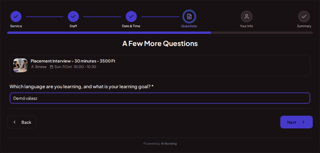 Appointment booking system for language teachers – Language lesson pre-booking question: Which language are you studying, and what is your learning goal?