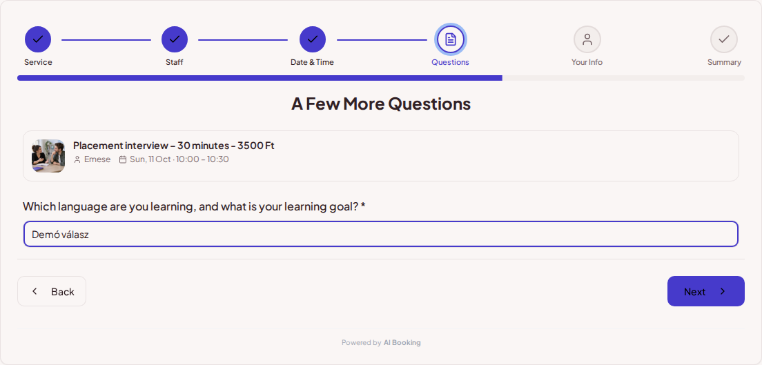 Appointment booking system for language teachers – Language lesson pre-booking question: Which language are you studying, and what is your learning goal?