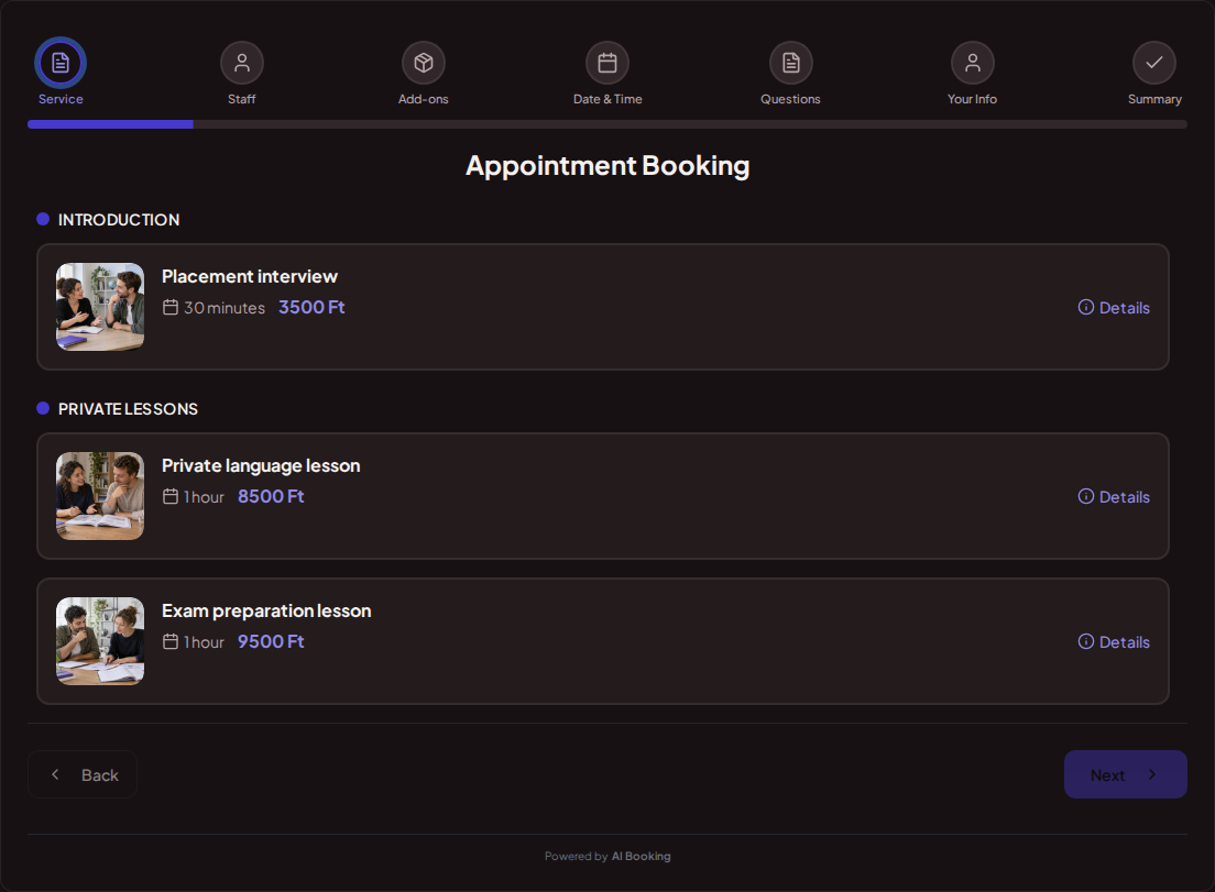 Appointment booking system for language teachers – Placement interview, Private language lesson, Exam preparation lesson with prices, durations, and categories