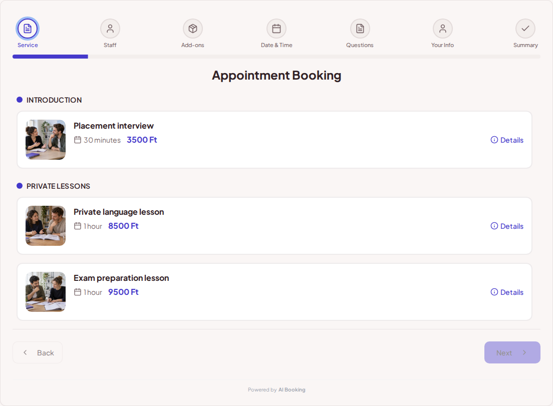 Appointment booking system for language teachers – Placement interview, Private language lesson, Exam preparation lesson with prices, durations, and categories