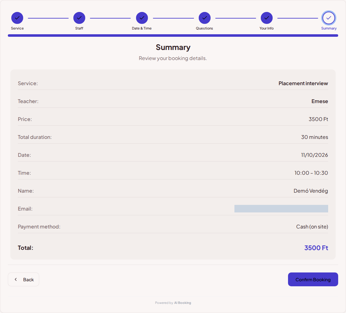 Appointment booking system for language teachers – Language lesson booking summary with service, professional, time, and fee