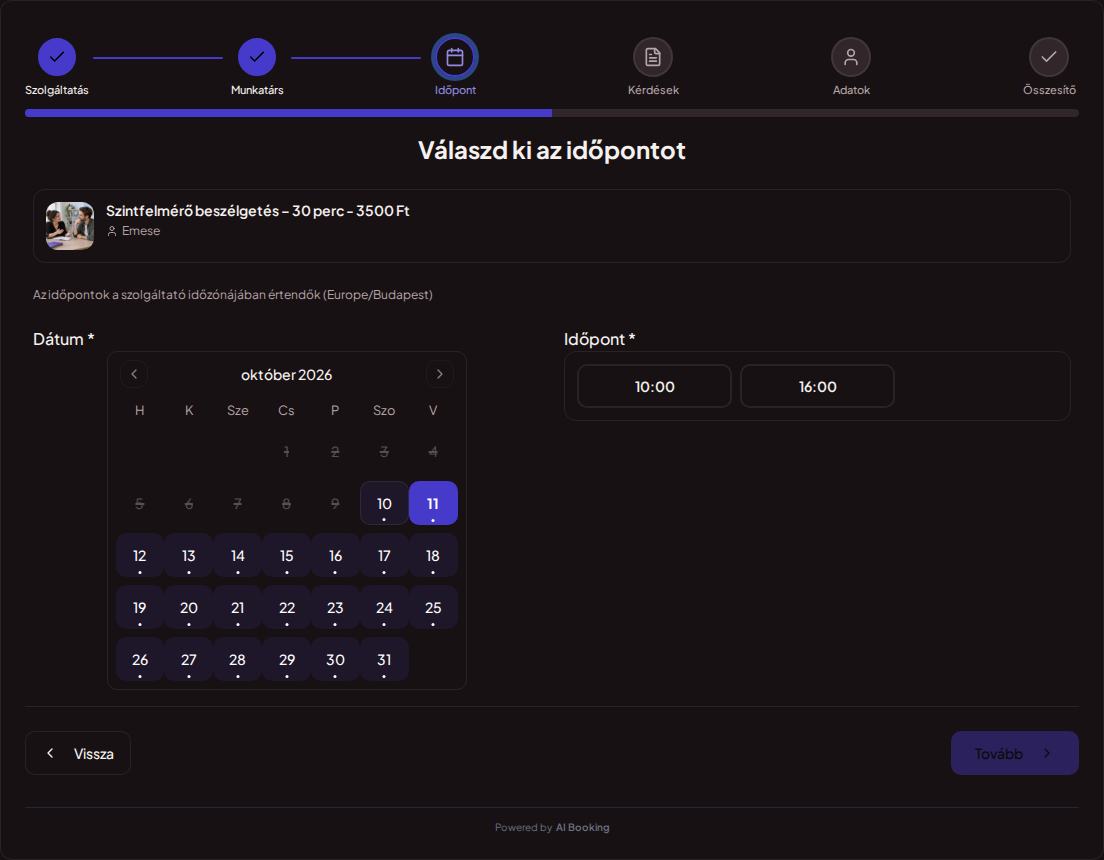 Időpontfoglaló rendszer nyelvtanároknak – Nyelvórák online foglalási naptára szabad időpontokkal a választott szolgáltatáshoz
