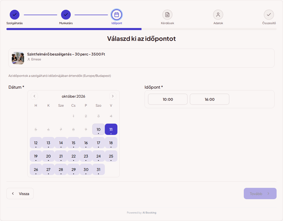 Időpontfoglaló rendszer nyelvtanároknak – Nyelvórák online foglalási naptára szabad időpontokkal a választott szolgáltatáshoz