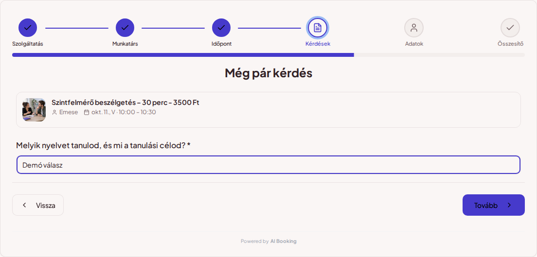 Időpontfoglaló rendszer nyelvtanároknak – Nyelvóra előzetes foglalási kérdése: Melyik nyelvet tanulod, és mi a tanulási célod?