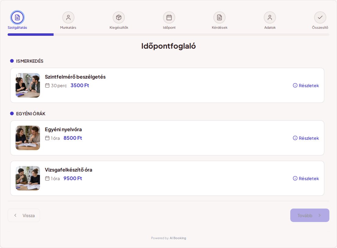 Időpontfoglaló rendszer nyelvtanároknak – Szintfelmérő beszélgetés, Egyéni nyelvóra, Vizsgafelkészítő óra árakkal, időtartammal és kategóriákkal