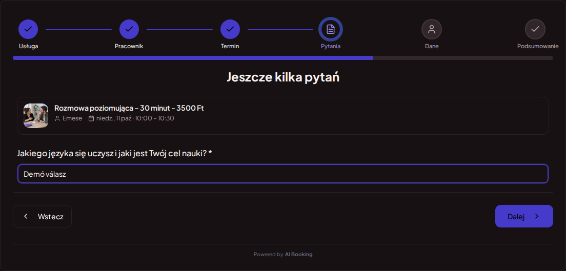 System rezerwacji dla nauczycieli języków – Pytanie przy wstępnej rezerwacji lekcji języka: Jakiego języka się uczysz i jaki jest Twój cel nauki?