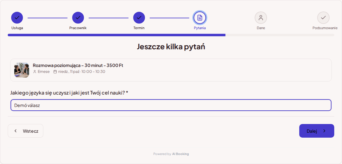 System rezerwacji dla nauczycieli języków – Pytanie przy wstępnej rezerwacji lekcji języka: Jakiego języka się uczysz i jaki jest Twój cel nauki?