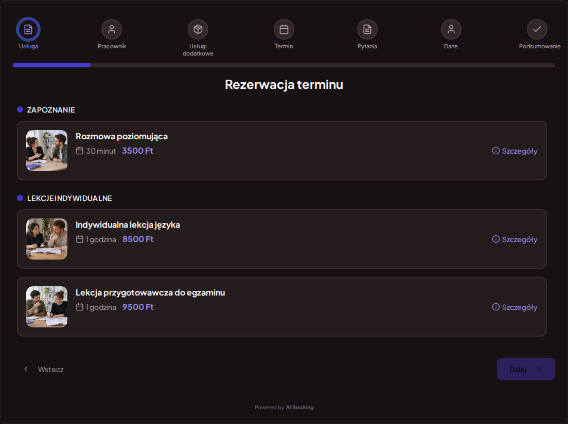System rezerwacji dla nauczycieli języków – Rozmowa poziomująca, Indywidualna lekcja języka, Lekcja przygotowawcza do egzaminu z cenami, czasem trwania i kategoriami
