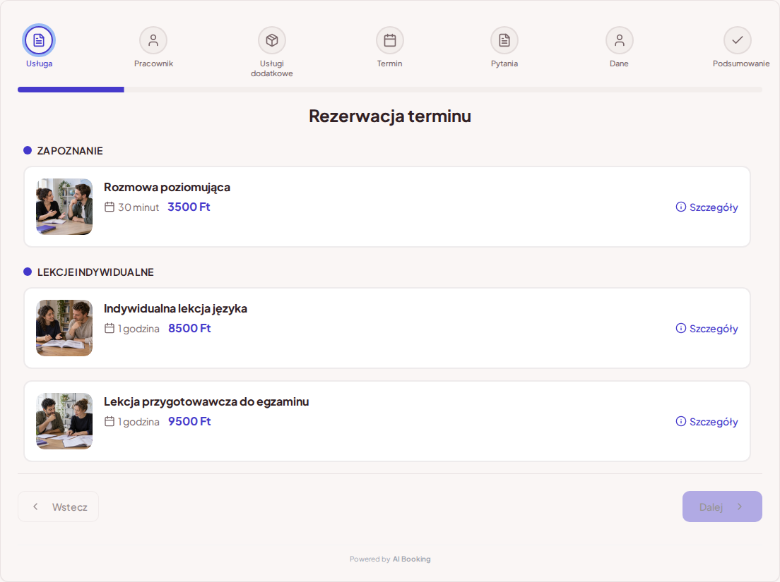 System rezerwacji dla nauczycieli języków – Rozmowa poziomująca, Indywidualna lekcja języka, Lekcja przygotowawcza do egzaminu z cenami, czasem trwania i kategoriami