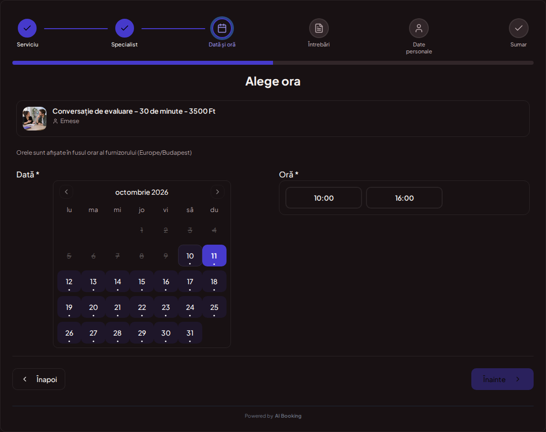 Sistem de programări pentru profesori de limbi străine – Calendar de rezervări online pentru cursuri de limbi cu intervale libere pentru serviciul ales Sistem de programări pentru profesori de limbi străine – Calendar de rezervări online pentru cursuri de limbi cu intervale libere pentru serviciul ales