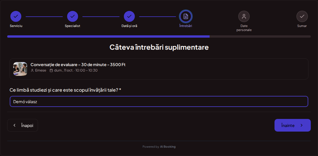 Sistem de programări pentru profesori de limbi străine – Întrebare de rezervare prealabilă pentru curs de limbi: Ce limbă studiezi și care este obiectivul tău de învățare? Sistem de programări pentru profesori de limbi străine – Întrebare de rezervare prealabilă pentru curs de limbi: Ce limbă studiezi și care este obiectivul tău de învățare?