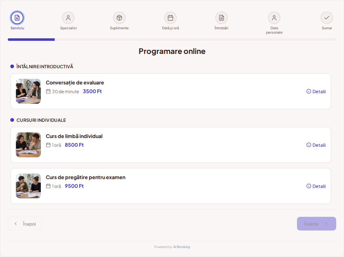 Sistem de programări pentru profesori de limbi străine – Conversație de evaluare, Curs de limbă individual, Curs de pregătire pentru examen cu prețuri, durată și categorii Sistem de programări pentru profesori de limbi străine – Conversație de evaluare, Curs de limbă individual, Curs de pregătire pentru examen cu prețuri, durată și categorii